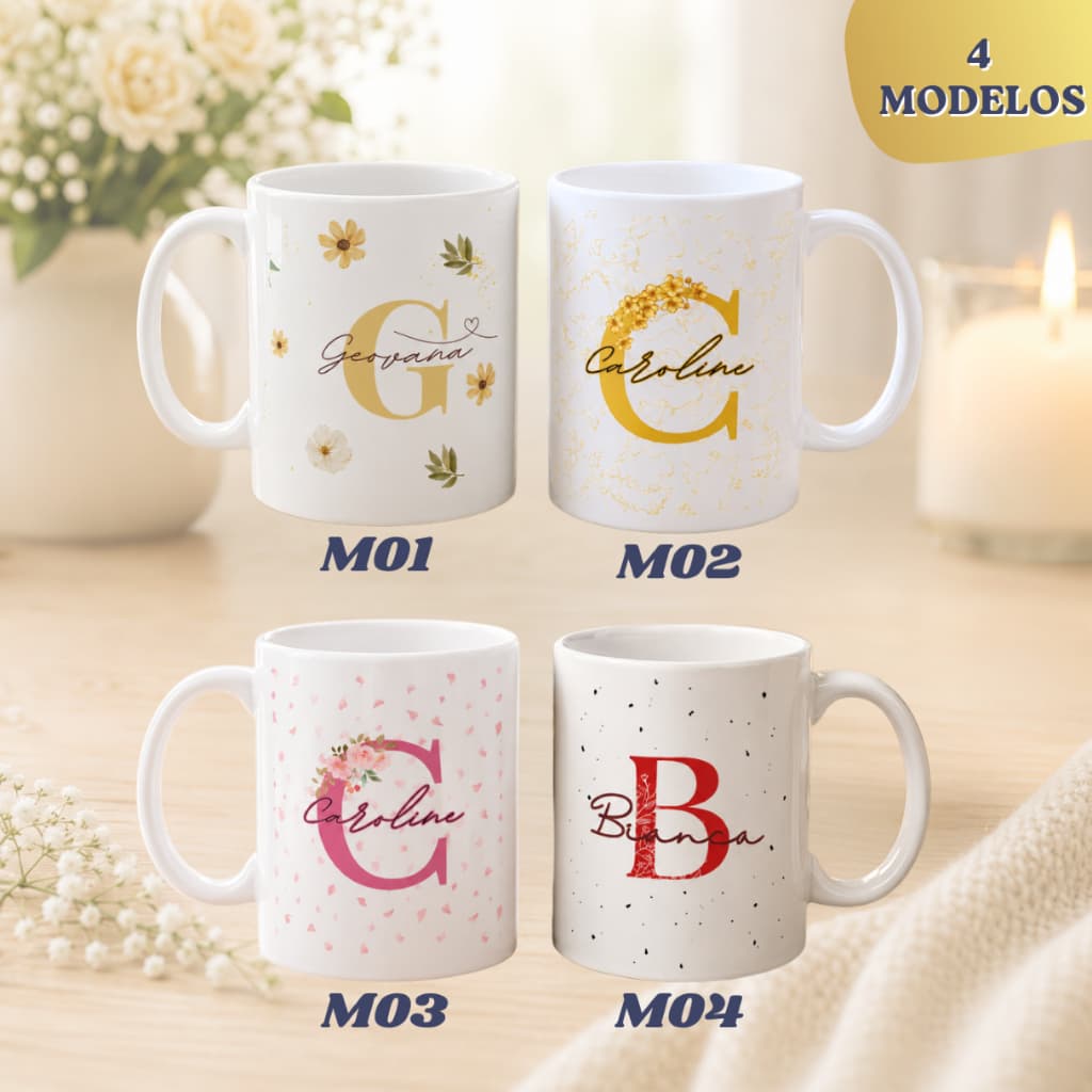Caneca Personalizada com Inicial e Nome Letra Decorada Floral ou Moderna Presente Criativo 325ml