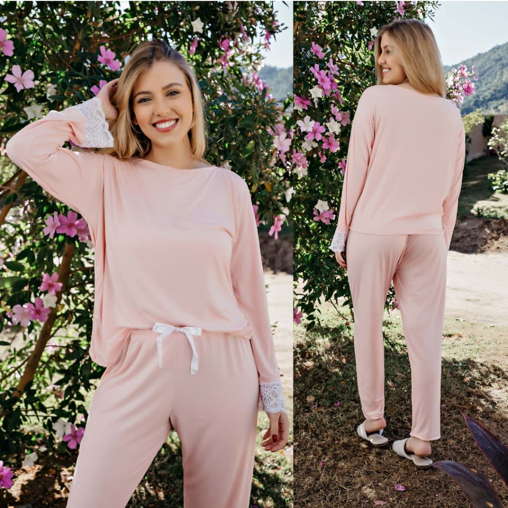 Pijama Manga Longa Calça Longa Rendado Inverno Quentinho Feminino Adulto Confortavel Frio de Dormir