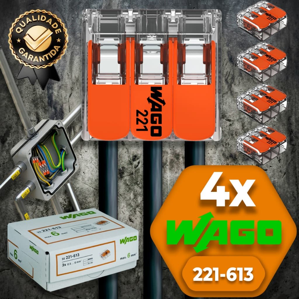 Conector de Fio Elétrico Wago 221-613 Conector Wago Emenda 6mm 41A Conexão Automática Kit 4 Peças