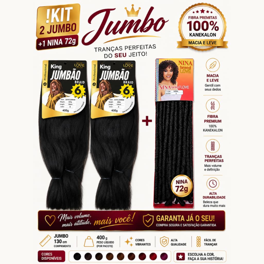 Kit com 2 King Jumbo com Cachos 400g + 1 Nina Soft Dread 72g para Tranças Crochet Braids Penteados Afro