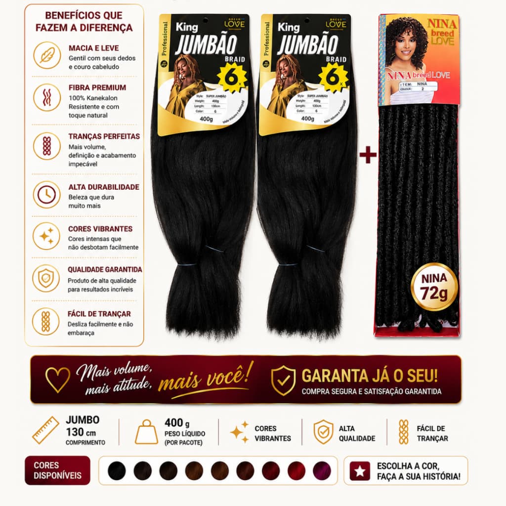 2 Jumbo com Cachos King 400g + 1 Nina Soft Dread 72g para Tranças Crochet Braids Penteados Afro - ENVIO IMEDIATO