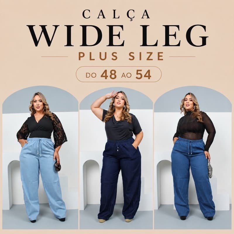 Calça Jeans Escura Wide Leg Plus Size Feminina Cintura Alta Pantalona Tecido Leve Fashion Premium Modelagem Solta
