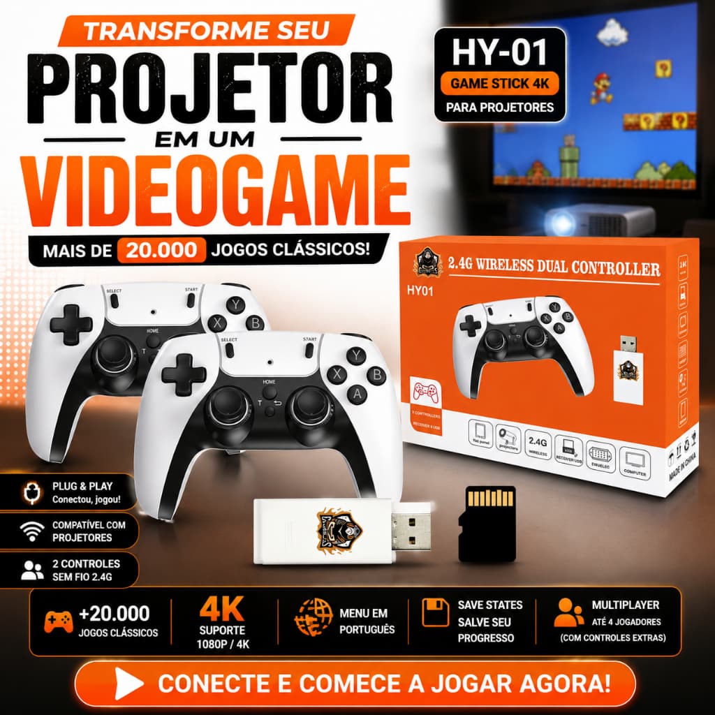 BRANCO HY-01 - Game Stick +20.000 4K Jogos Retrôs e Emuladores e 2 Controles S/ Fio (P/ Projetores)
