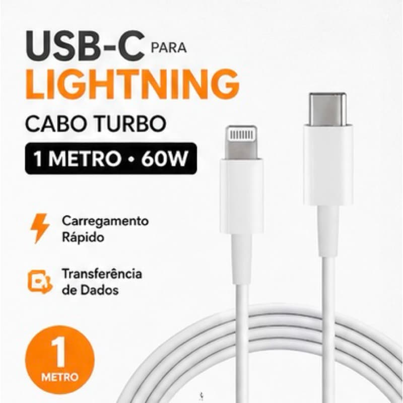 Cabo USB-C Lightning 1m 60W Turbo Compatível iPhone 14 13 12 11 X XR XS SE iPad carregamento rapido foxconn