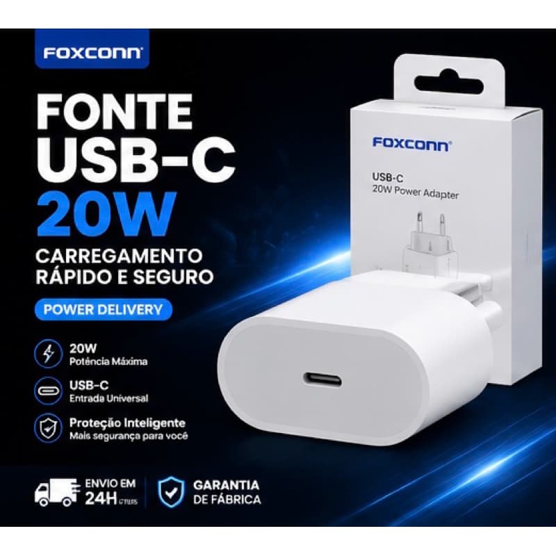 Fonte Carregador USB-C 20W Foxconn Turbo Power Delivery PD Carregamento Rápido turbo bivolt