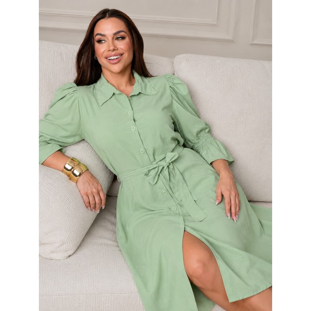 Vestido Chemise Feminino Midi Com Cinto Manga Bufante Viscolinho Elegante Evangélico