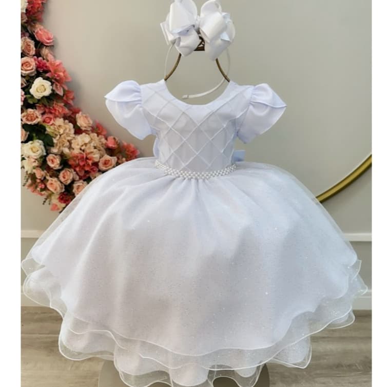 Vestido Infantil Branco Festa Luxo Com Brilho Tule Rodado Batizado Aniversário Menina