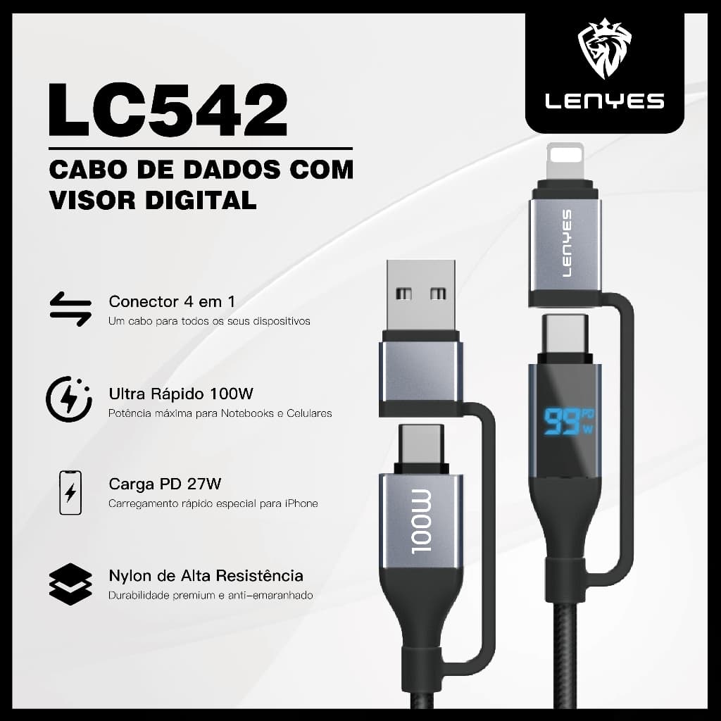 4 em 1 Cabo de carregamento rápido de 100 W para todos os telefones com USB Tipo C e conector Lightning,tela LED LENYES