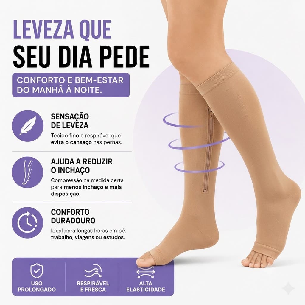 Meia Compressiva com Zíper Lateral e Bico Aberto Alívio da Fadiga e Inchaço Pressão Graduada Ajustável