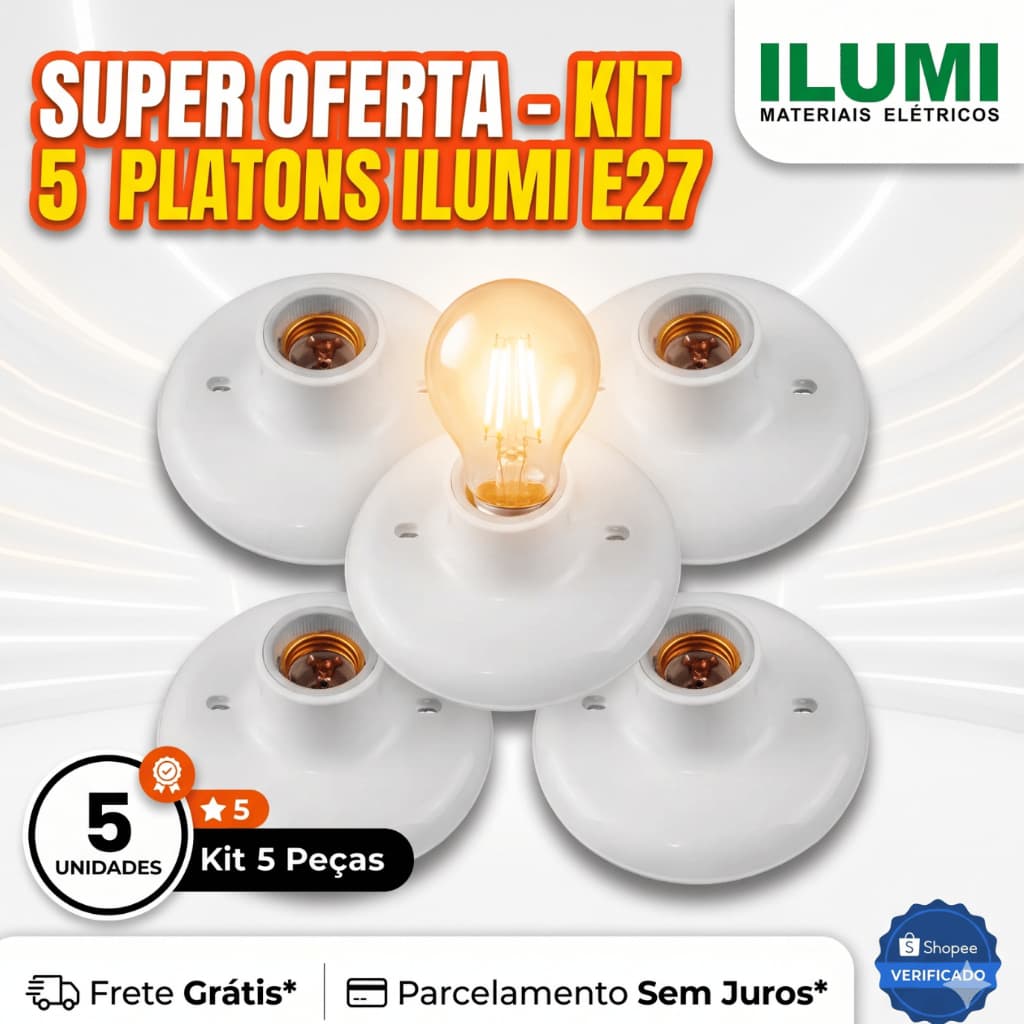 Kit C/ 5 PLAFON 100W BRANCO ILUMI SOQUETE PORCELANA