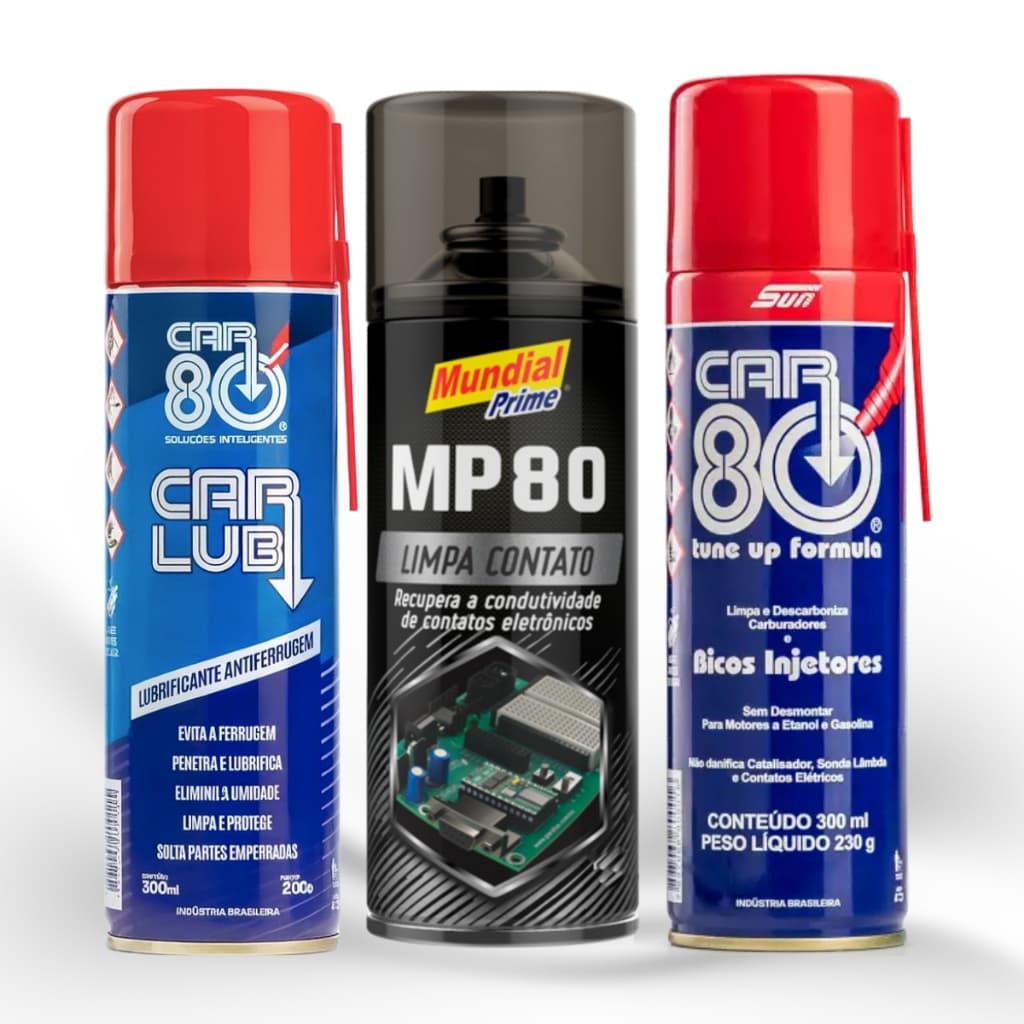 Kit Spray Car80 + Mundial Prime Com Desengripante Anti Ferrugem Descarbonizante e Limpa Contato