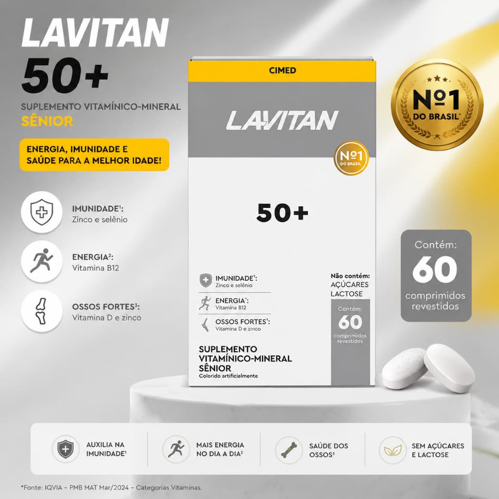 Lavitan 50+ 60 Comprimidos Cimed Suplemento Alimentar Multivitamínico Sênior Imunidade Ossos Energia Original