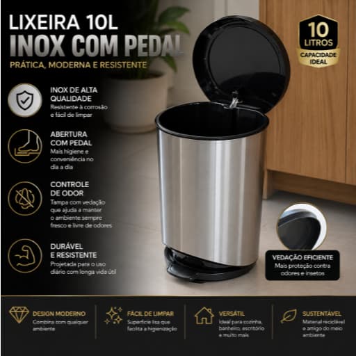 Lixeira Label Inox Com Pedal Cozinha Banheiro 10 Litros- Arqplast