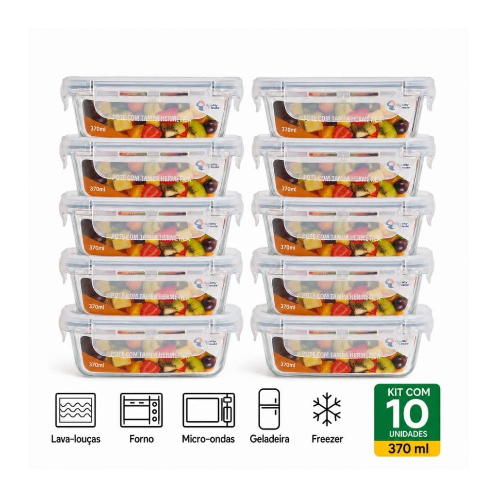 Kit 10 Pote Hermético 370ml Pote de Vidro Com Tampa Ideal P/ Marmita Mantimentos Freezer Forno