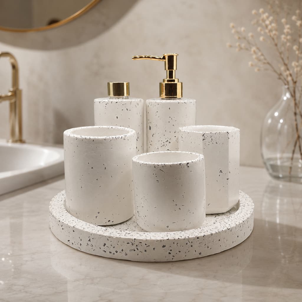 Kit Lavabo Banheiro Com Bandeja Luxo Saboneteira Aromatizador E Porta Cotonetes Artesanal