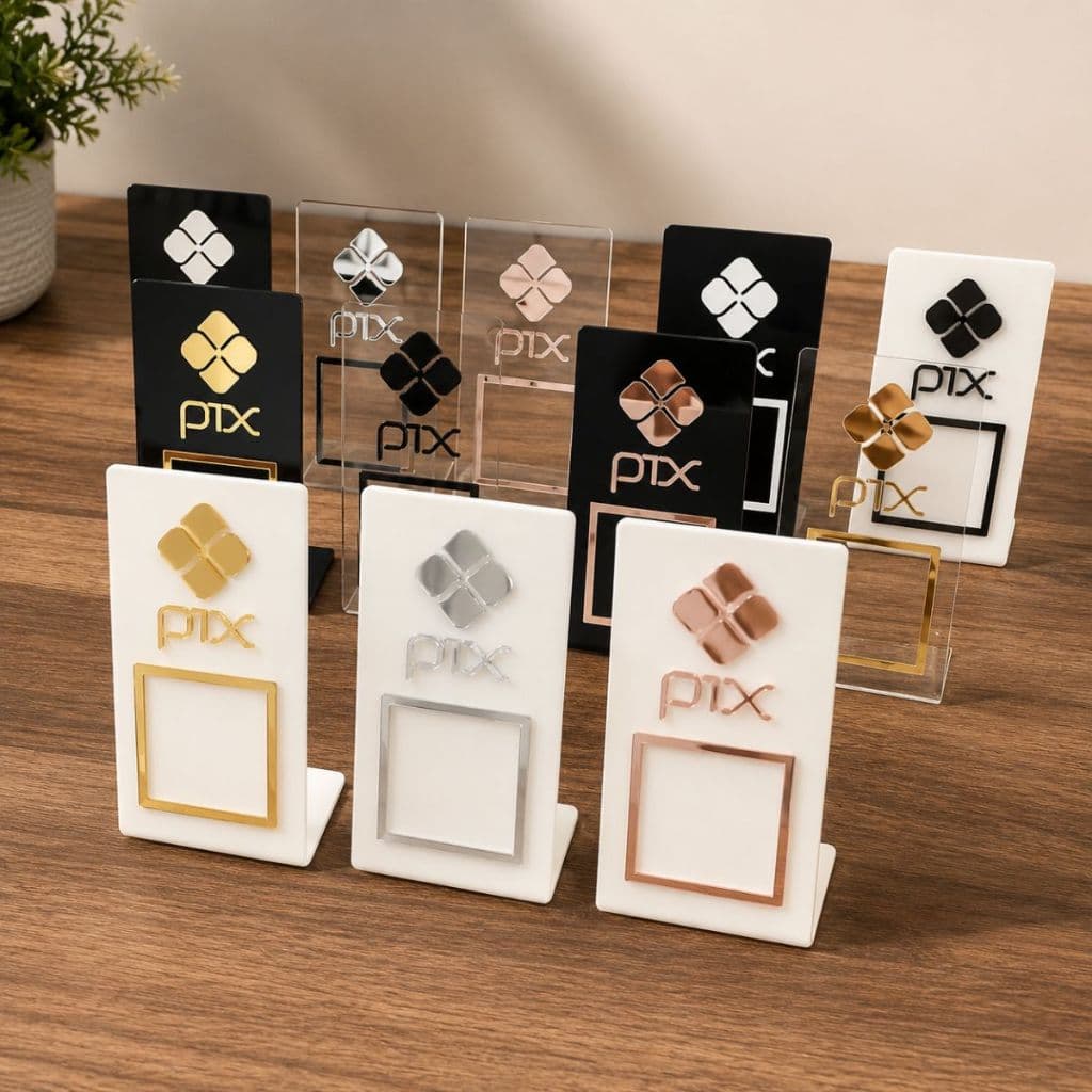 Placa Pix Display Acrílico Espelhado QR Code Material Resistente 12x6,4cm