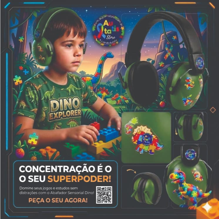 Abafador De Ruídos Infantil Dino 32dB | Conforto e Proteção Auditiva | Protetor Auricular | TEA Autista |