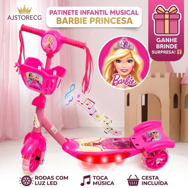 Patinete Barbie lançamento Musical e Luzes 3 Rodas com cesta  + Surpresa + Entrega em Todo Brasil