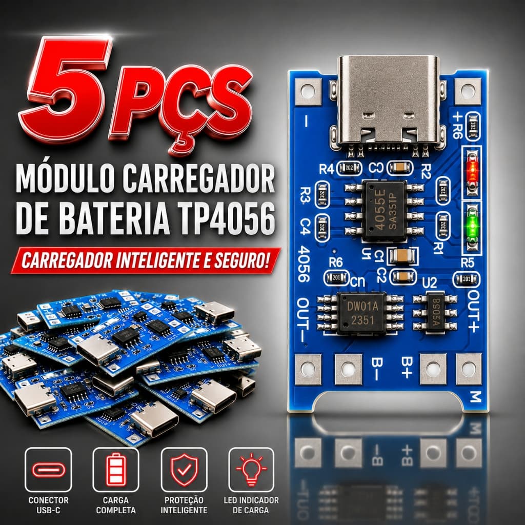 kit 5pçs Módulo Carregador Bateria TP4056 USB-C Controle de Carga C/Proteção