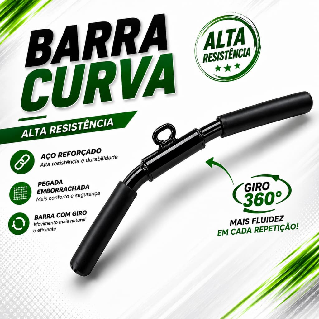 Puxador Barra Curva Giro Crossover Triceps Bíceps Academia Musculação Polia Pegada Emborrachada Gym