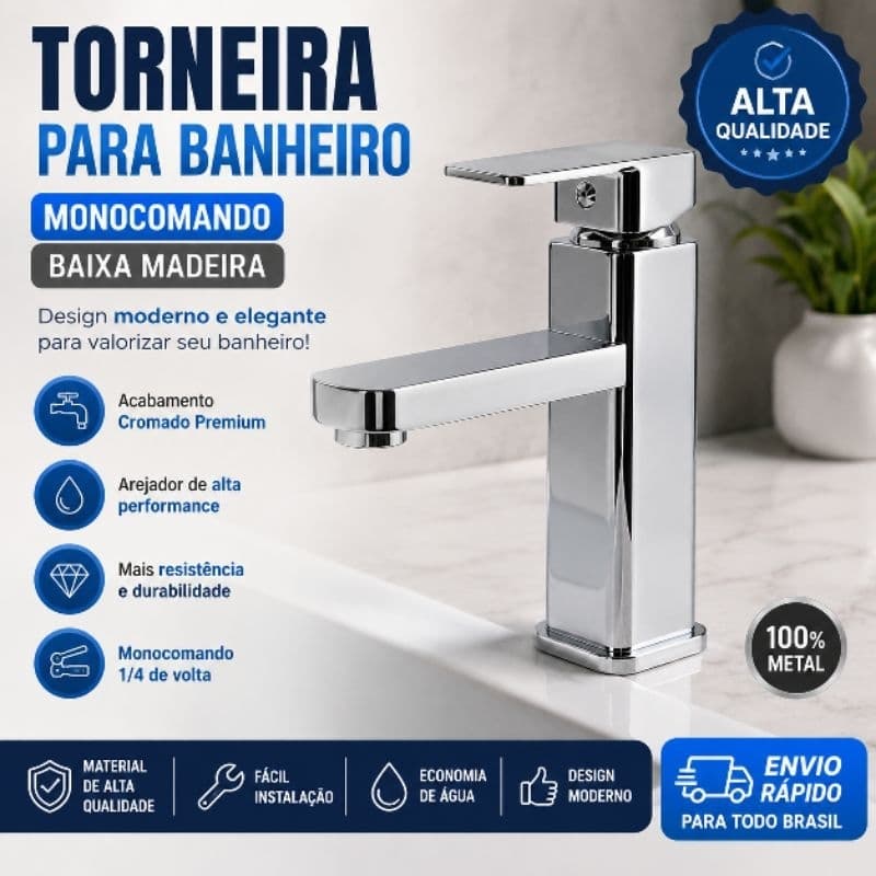 Torneira para banheiro cascata Misturador Monocomando Baixa Madeira Pingoo - Cromado