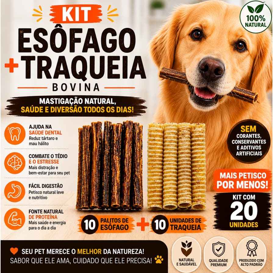 Kit Esôfago 10un e Traqueia Bovina 10un para Cachorro 20 Petiscos Naturais Desidratados