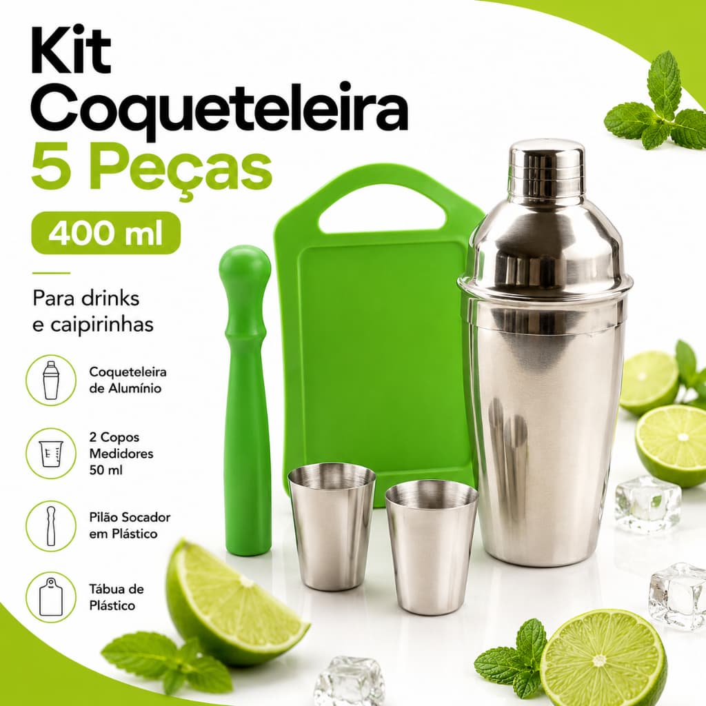 Kit Coqueteleira 5 Peças 400ml Profissional Caipirinha Socador Macerador Dosador Drink Bar
