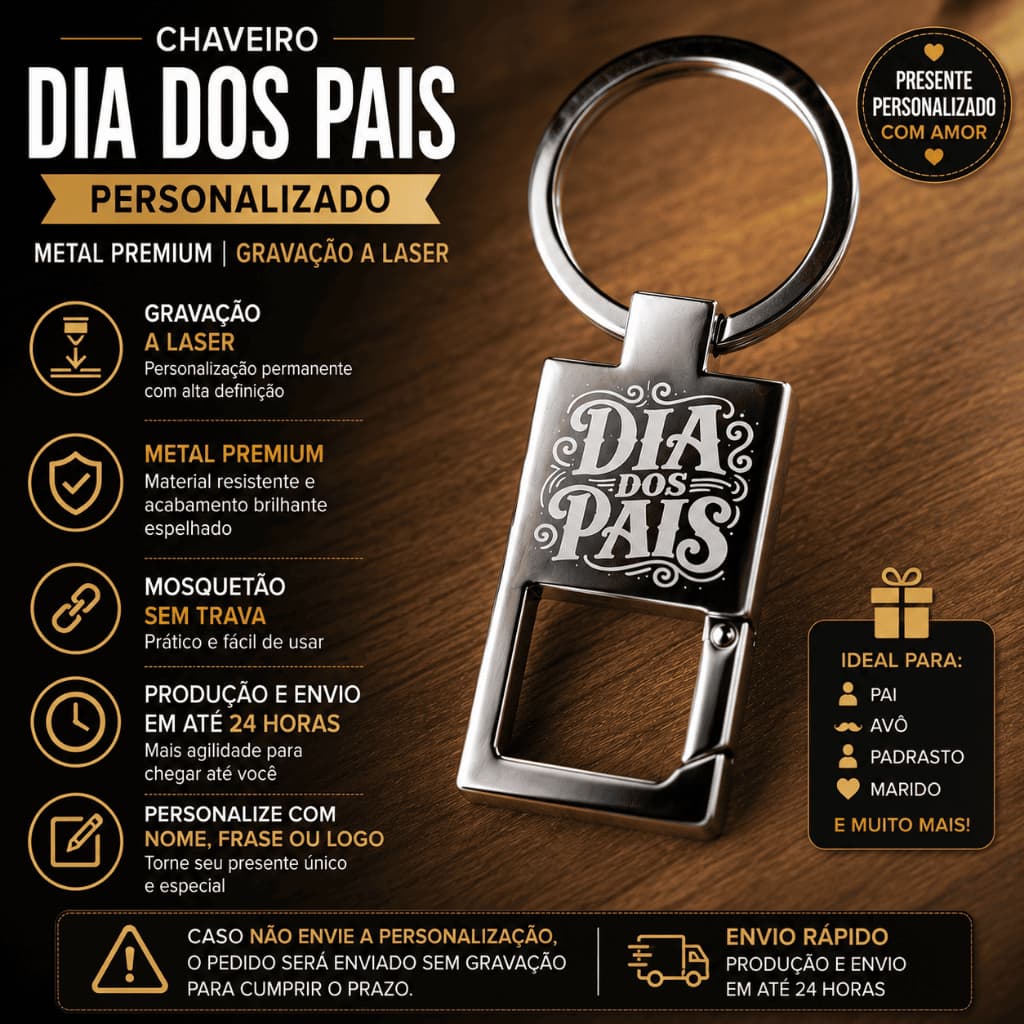 Chaveiro Dia dos Pais Personalizado | Chaveiro Metal Gravado a Laser | Presente para Pai
