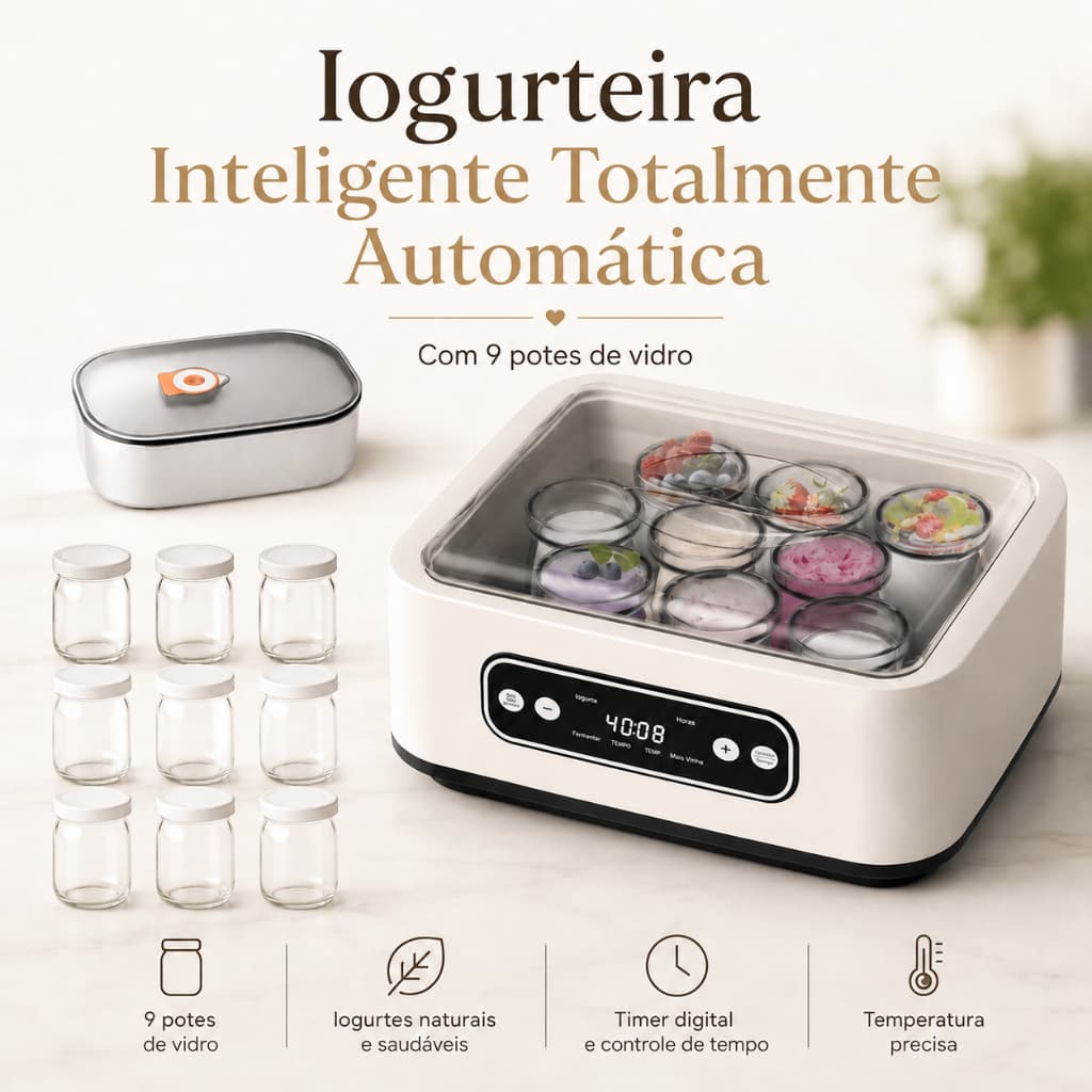 Máquina de Iogurte Multifuncional 1,6L Inox 304 Aquecimento PTC Com 9 Copos de Vidro