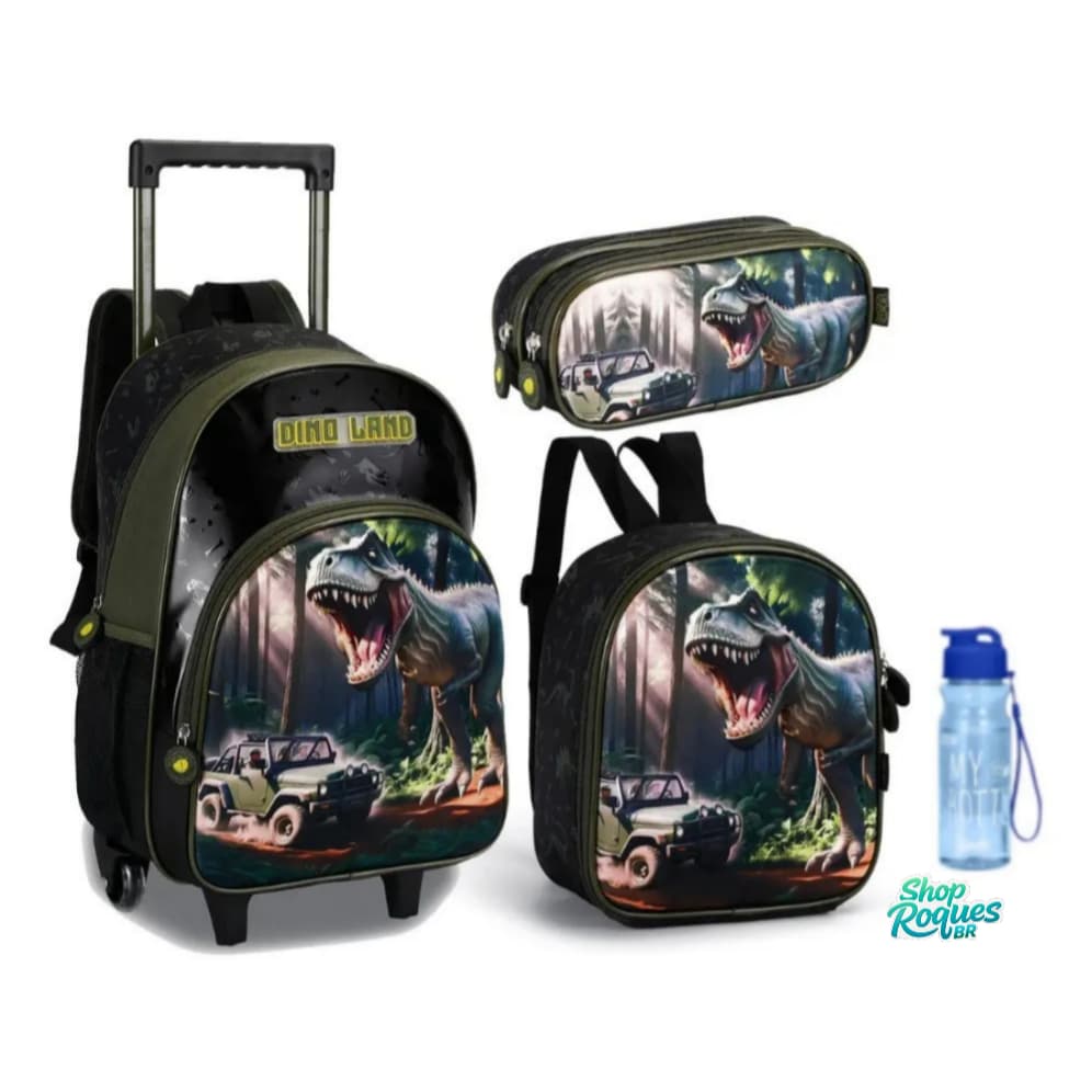 kit Mochila infantil menino Dinossauro - Mochila com rodinha - estojo - lancheira e garrafinha