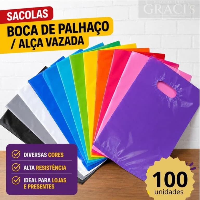 100 Sacolas Plásticas 16x20 / 20x30 / 25x35 / 30x40 / 40x50 - Boca de Palhaço  Alça Vazada Sacola Loja Colorida