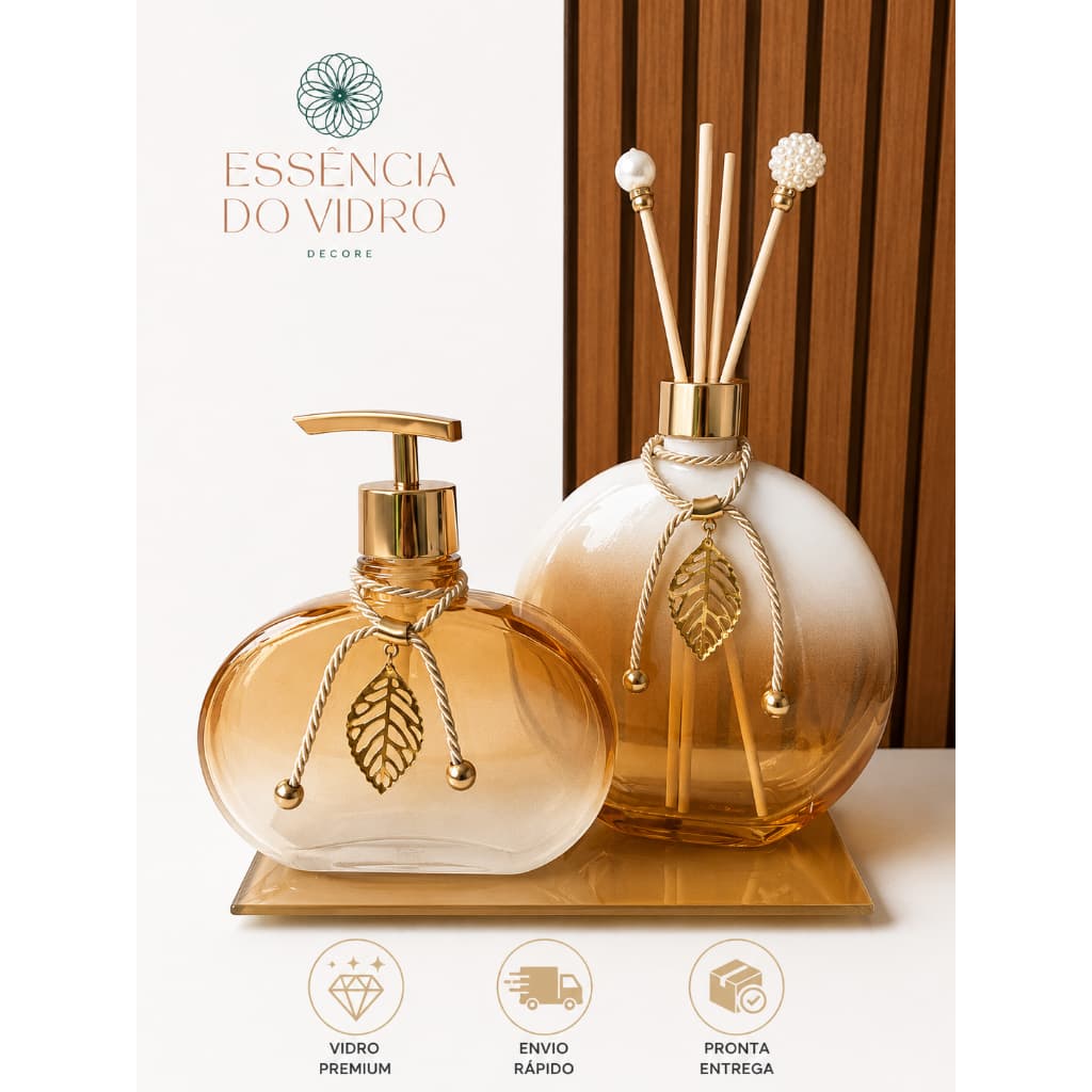 Kit Lavabo Luxo EVD Difusor de Aromas + Saboneteira em Vidro Decorativo para Banheiro