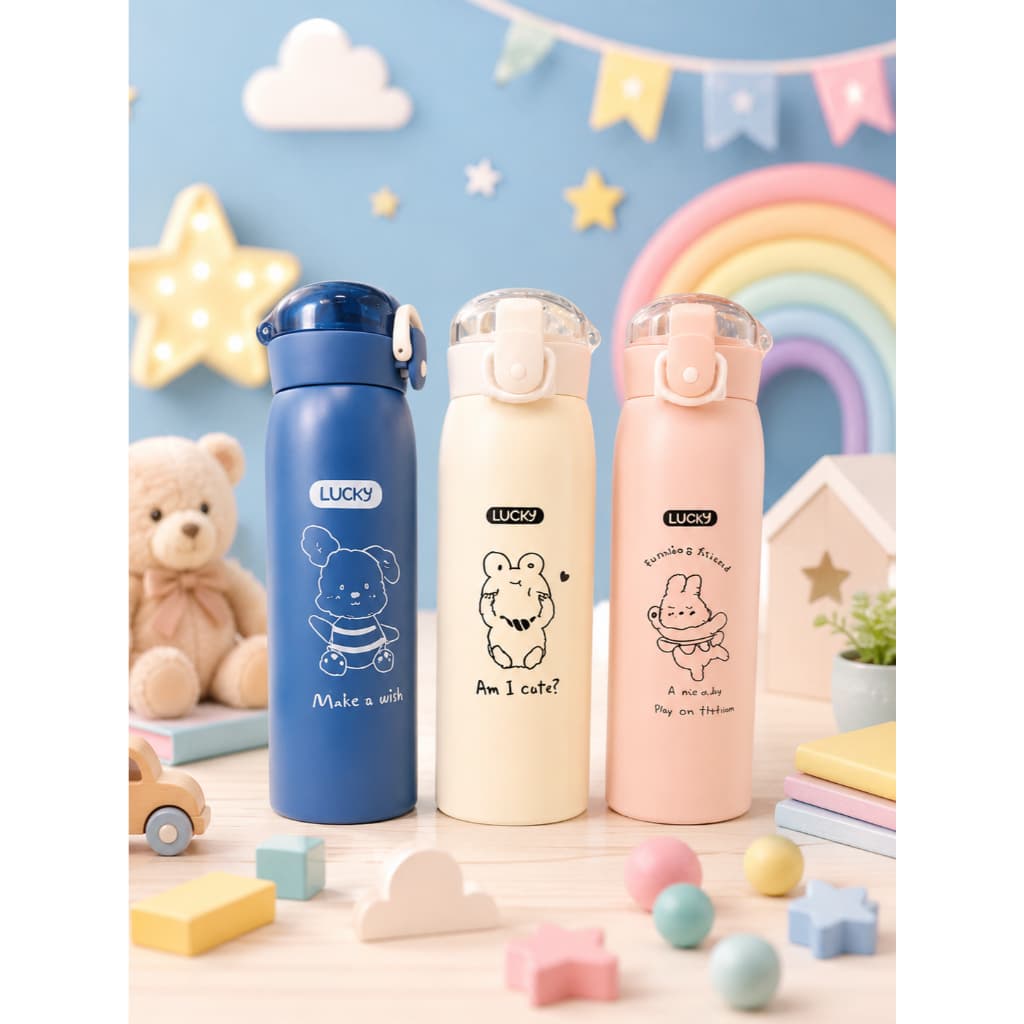 Garrafa Térmica Infantil 350ml Canudo Silicone Escola Inox Sem BPA Menina Menino Criança Fofa Animais