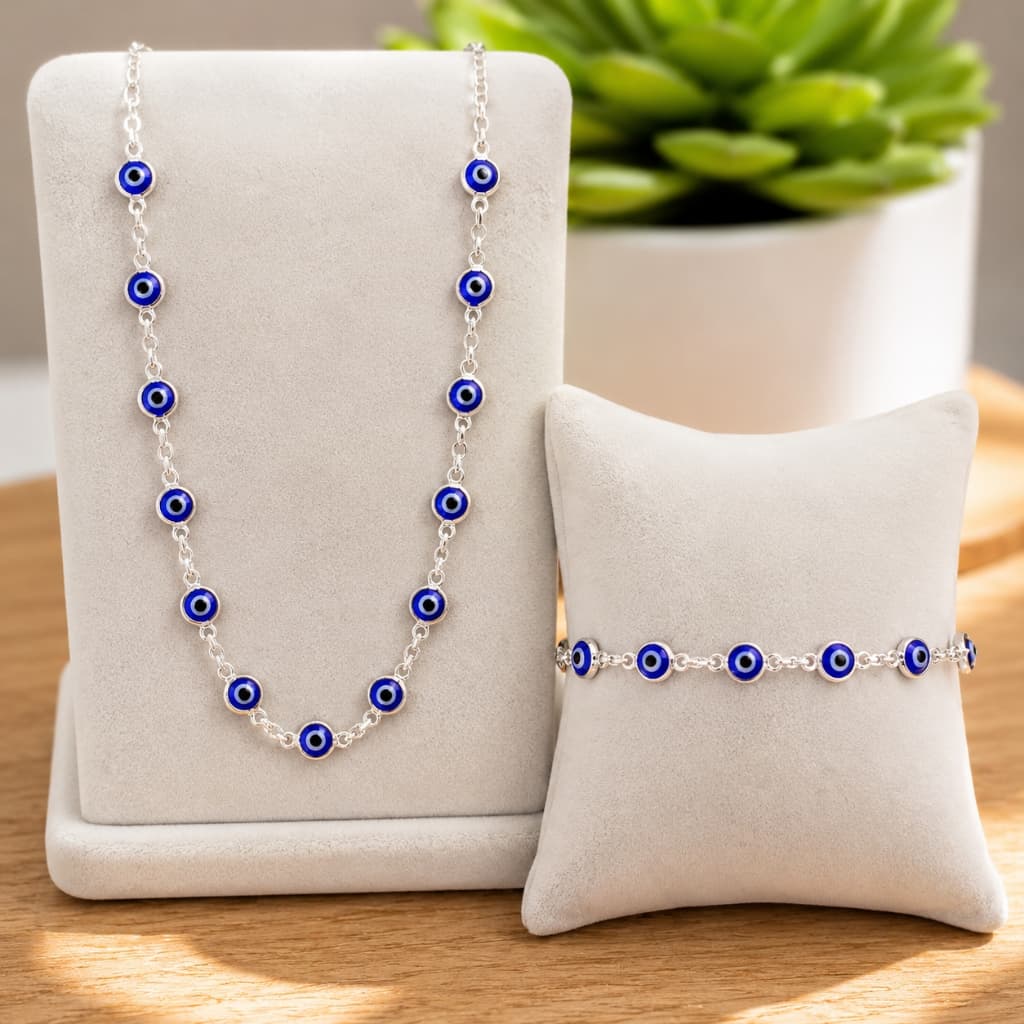 Conjunto Colar Choker Olho Grego Feminino + Pulseira Folheada Prata Ajustável Proteção