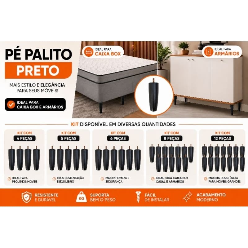 Kit Pés para Móveis 12cm Plástico Preto Rosca  Pé para Sofá Cama Rack Armário Móveis