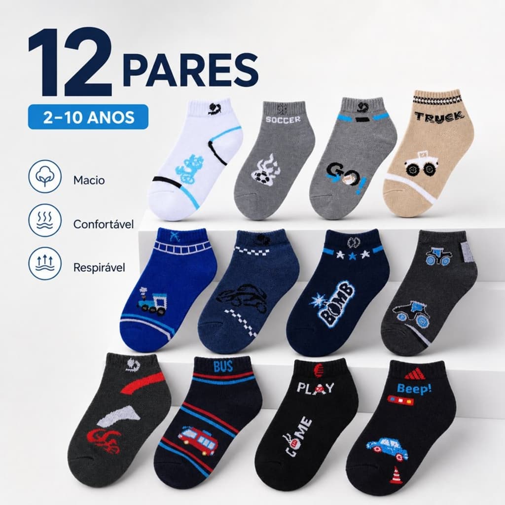 Kit 12 Meias Infantis Cano Curto Carro Trem Futebol, Tam Único 2-10 Anos Tecido Misto Transpiravel