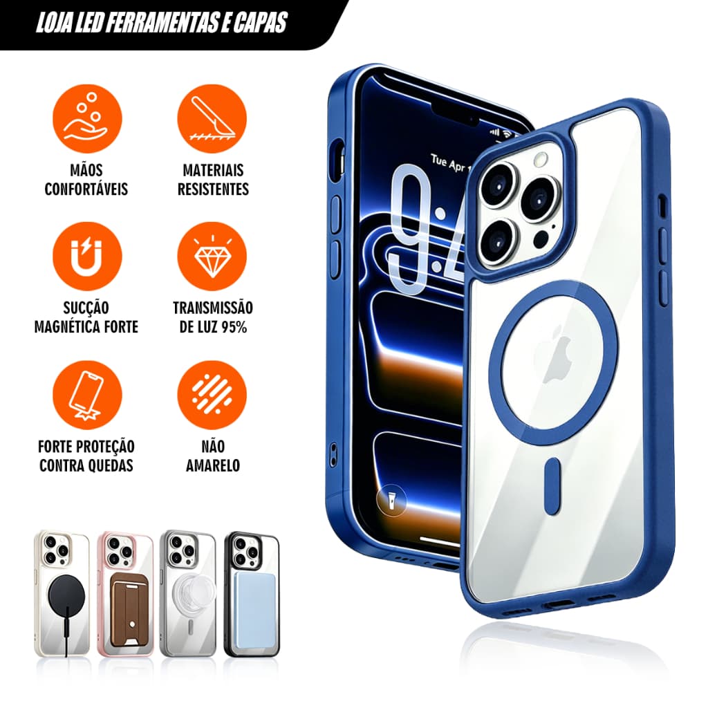 Capa Magnética Transparente Luxuosa à Prova de Choque com MagSafe para iPhone 13 14 15 16 17 Pro Max