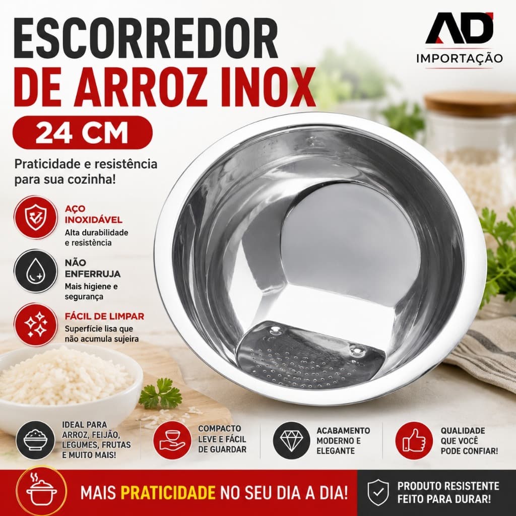 Escorredor de Arroz Inox 24cm Lava Arroz Escorredor de Alimentos Aço Inoxidável AD Importação