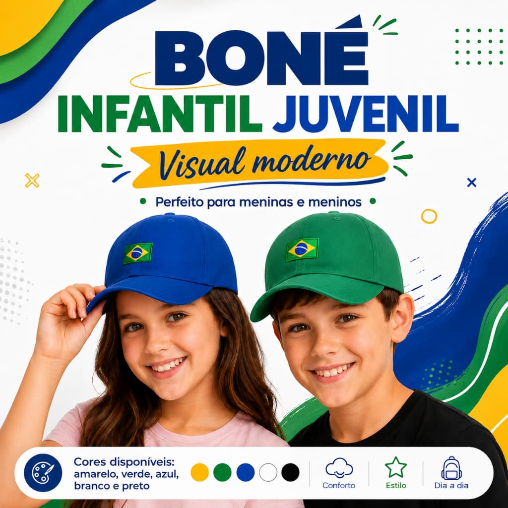 Boné Brasil Infantil Juvenil 4 a 14 Anos Bandeirinha Aba Curva Ajustável Masculino Feminino