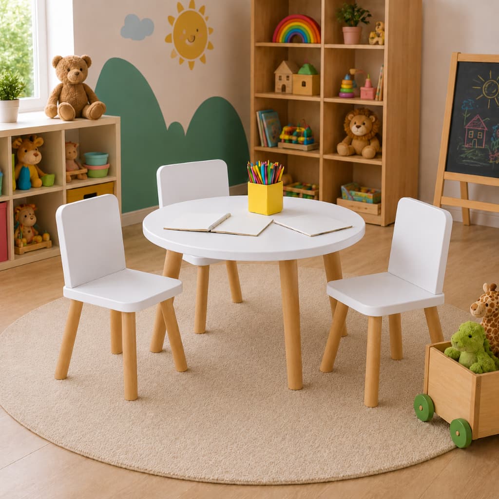 Kit 1 Mesa 3 Cadeiras Montessori Infantil Branca MDF Com Pés de Pinus Educativa Quarto Infantil