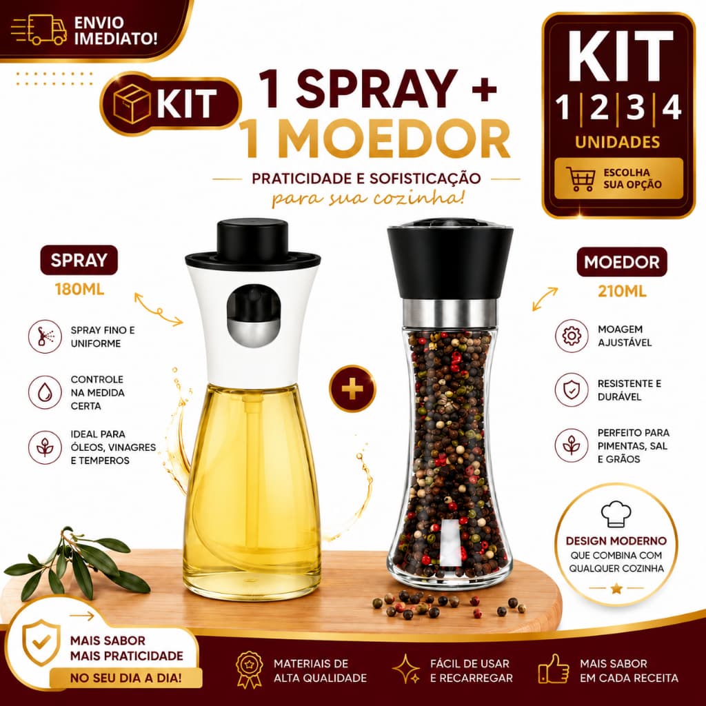 Spray Pulverizador Azeite Óleo 170ml + Moedor de Pimenta Temperos 210ml Cozinha Gourmet Premium