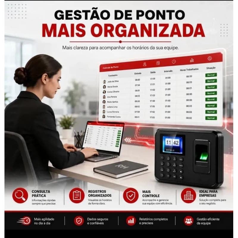 Relógio Ponto Biométrico Impressão Digital Eletrônico Preto