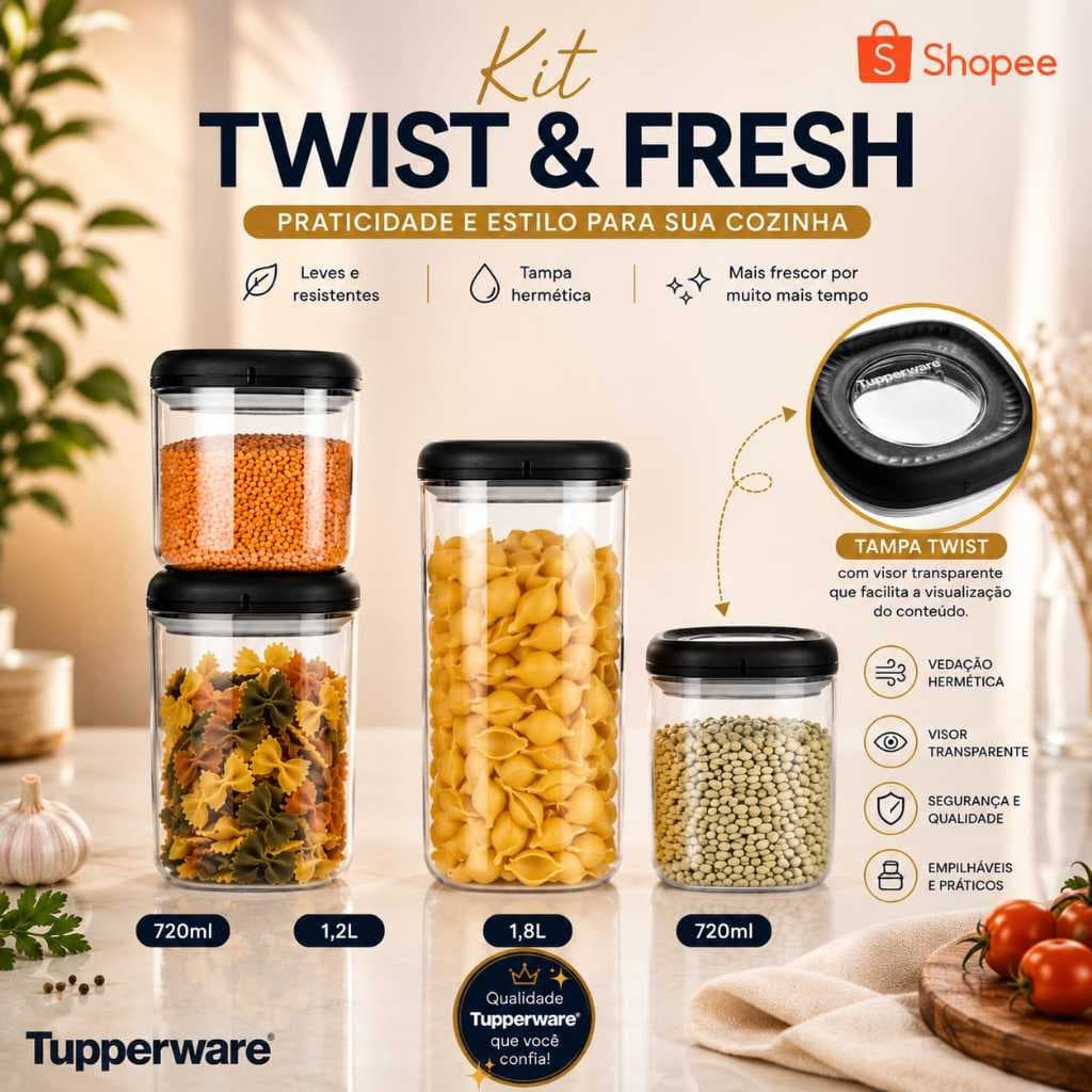 Kit Twist & Fresh Tupperware Policarbonato com Visor – 4 Potes Herméticos