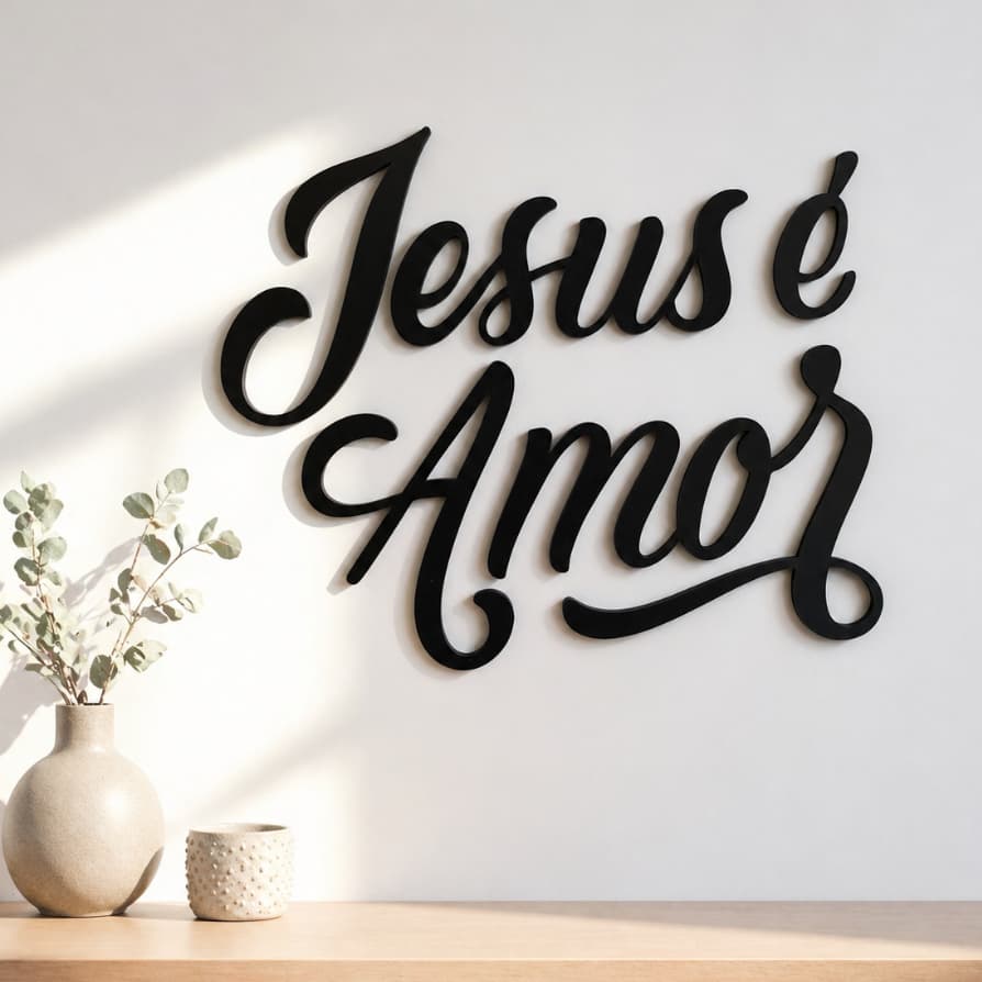 Frase Decorativa Religiosa Jesus é Amor em MDF Preto