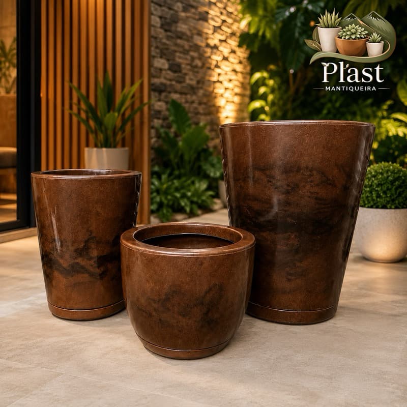 Kit 3 Vasos Marmorizados Decorativos Planta ou Flor Polietileno Coluna polida N1 N2 + Bojo N1 Com Pratos