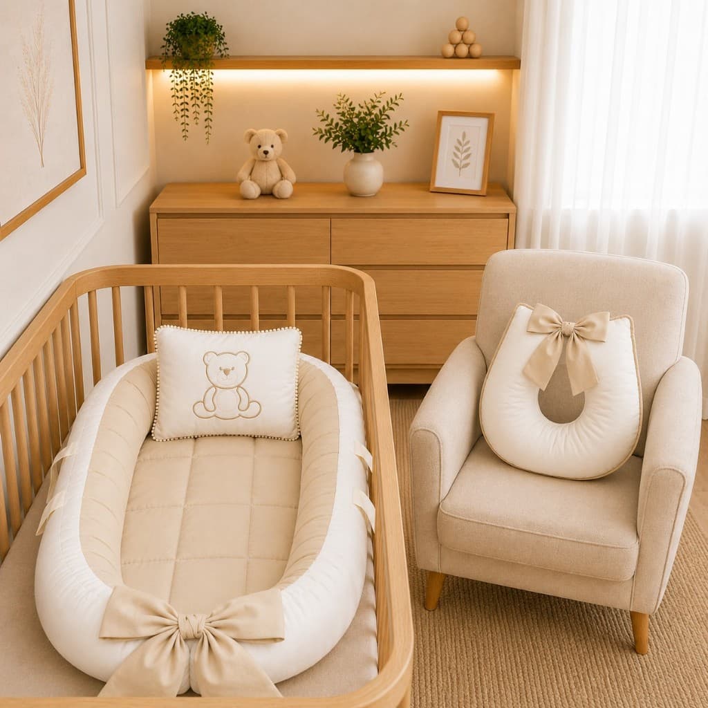 Kit Redutor de Berço e Almofada de Amamentar Bordado Urso Regulável Lavável Quarto de Bebê