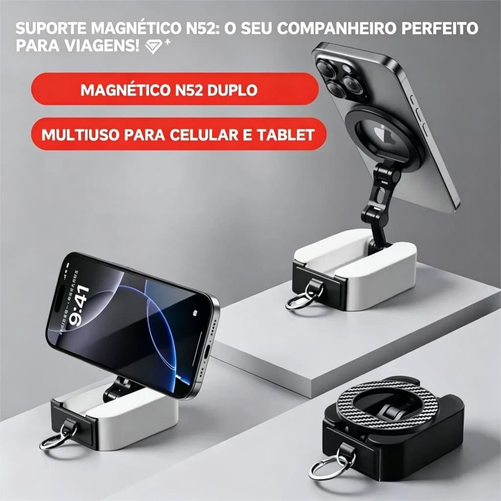 Suporte Magnético Duplo N52 360° Compatível MagSafe Celular Tablet Viagem Avião Carro