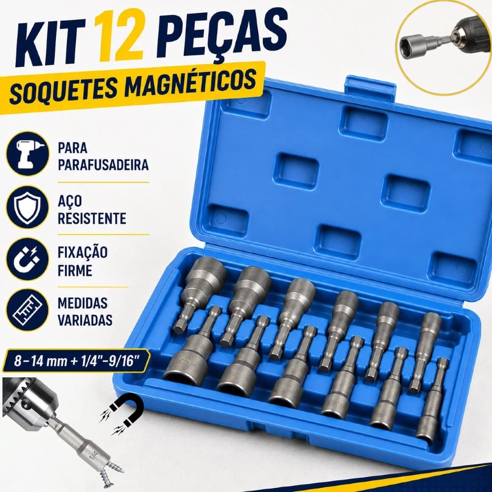 Jogo de Soquete para Parafusadeira Pontas Magnéticas 12 Peças 1/4