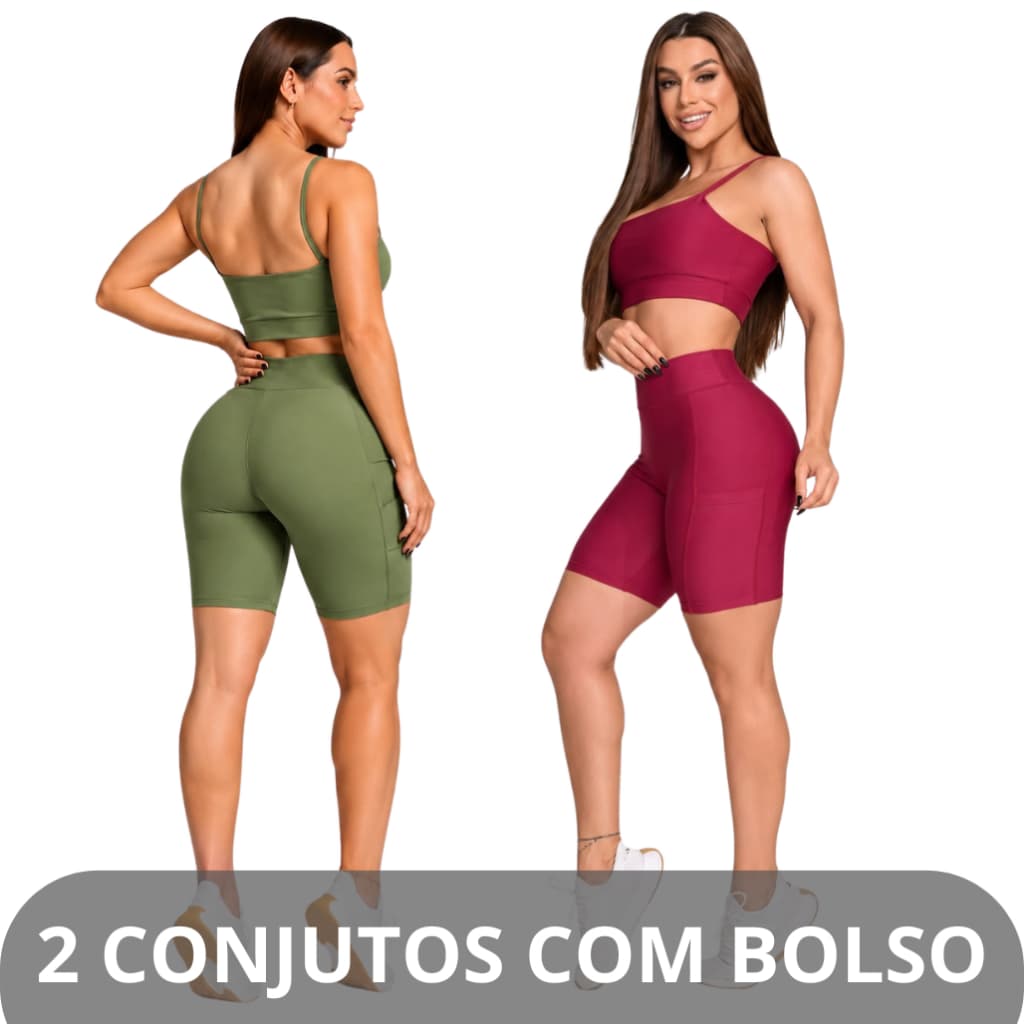 KIT 2 CONJUNTOS FITNESS SHORT E TOP FEMININO COM BOLSO LATERAL