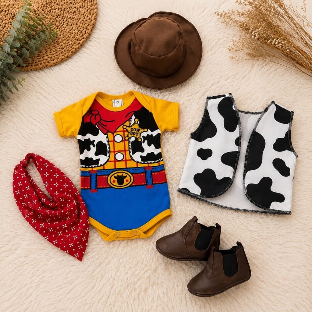 Kit Fantasia Wood Cowboy Bebê 5 Peças Body Country com Chapéu Colete Lenço e Botinha Mesversário